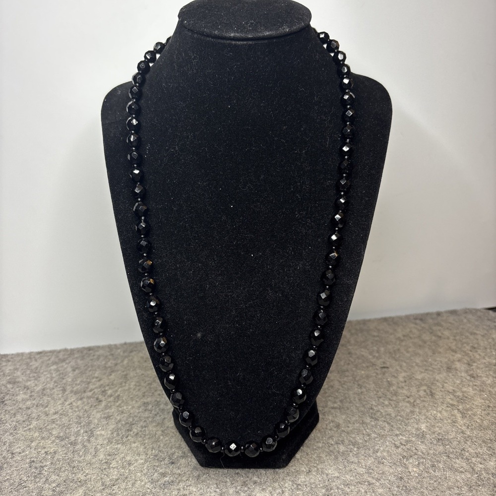Black Faceted Glass Bead Seed Bead Necklace 23"  Statement Jewelry